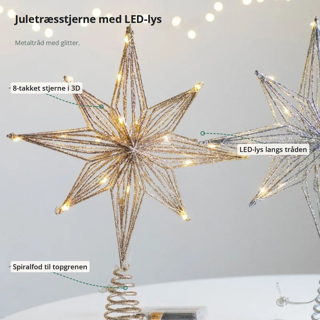 Juletræsstjernen med markeringer: 8-takket stjerne i 3D, LED-lys langs tråden og spiralfod til topgrenen