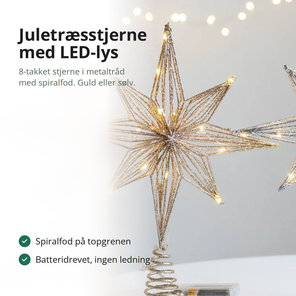 Juletræsstjerne i metaltråd med LED-lys, med teksten: spiralfod på topgrenen, batteridrevet uden ledning