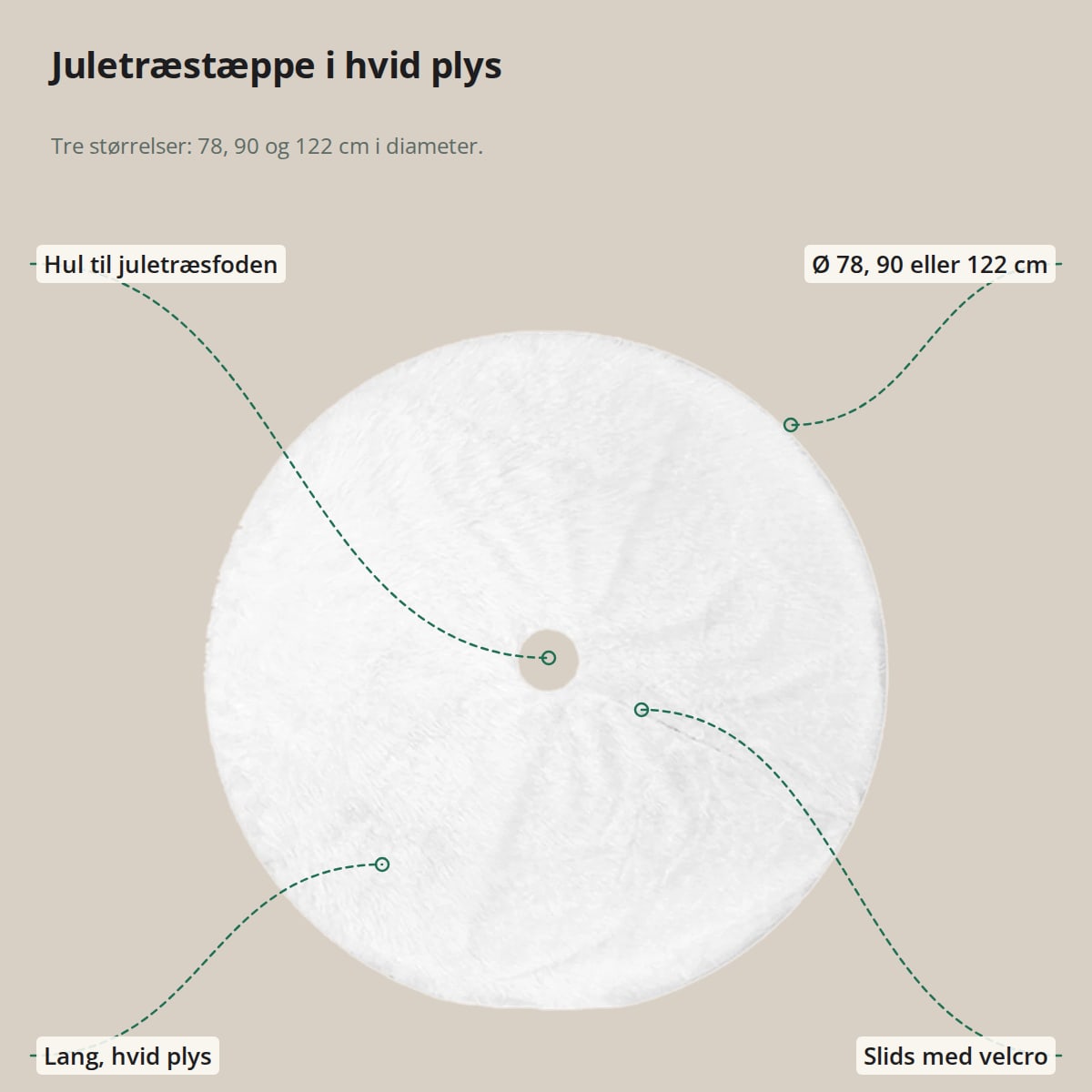 Juletræstæppe i hvid plys med hul til juletræsfoden og slids med velcro