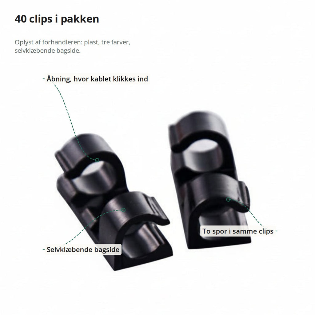 To sorte kabelclips med markeringer: åbning, hvor kablet klikkes ind, selvklæbende bagside og to spor i samme clips