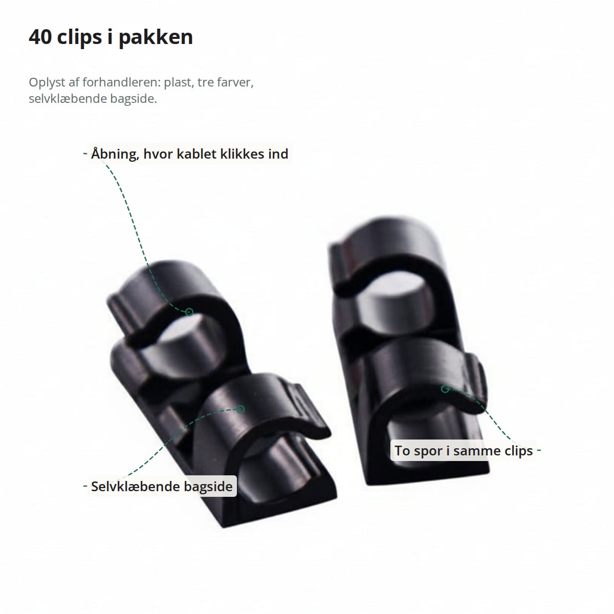 To sorte kabelclips med markeringer: åbning, hvor kablet klikkes ind, selvklæbende bagside og to spor i samme clips