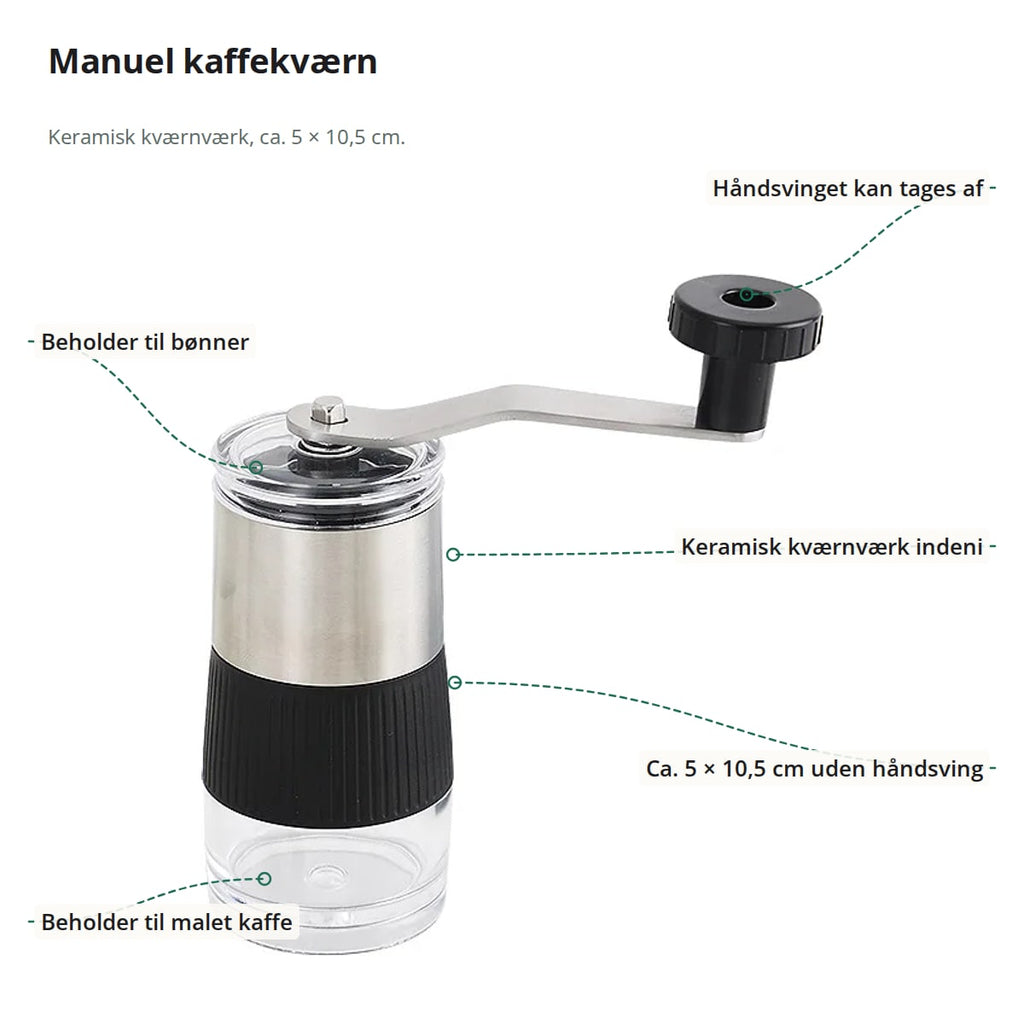 Kaffekværnen med forklaringer: aftageligt håndsving, beholder til bønner, keramisk kværnværk indeni, beholder til malet kaffe, ca. 5 × 10,5 cm
