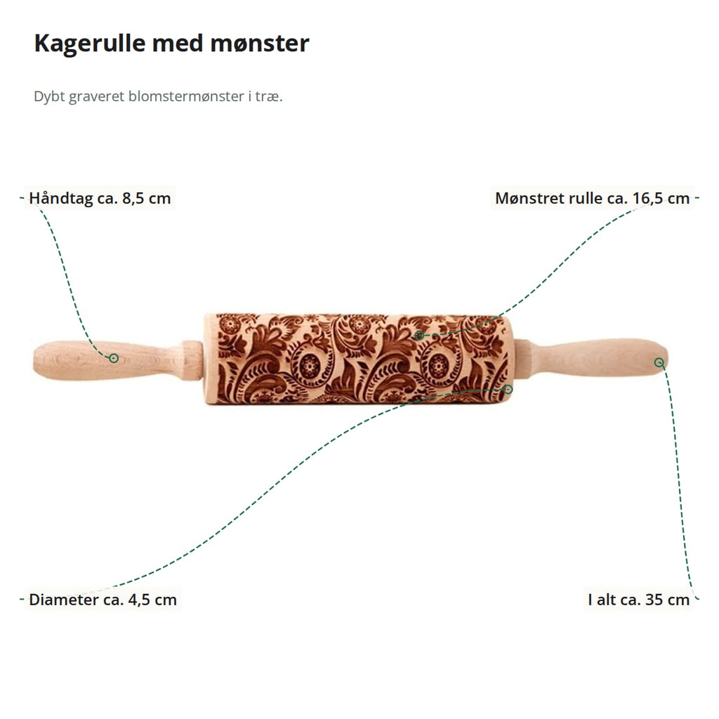 Kagerulle med mønster med markeringer: håndtag ca. 8,5 cm, mønstret rulle ca. 16,5 cm, diameter ca. 4,5 cm og samlet længde ca. 35 cm