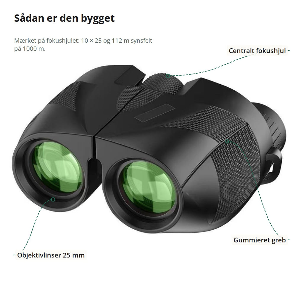 Kikkerten forfra med fokushjul, objektivlinser på 25 mm og gummieret greb markeret