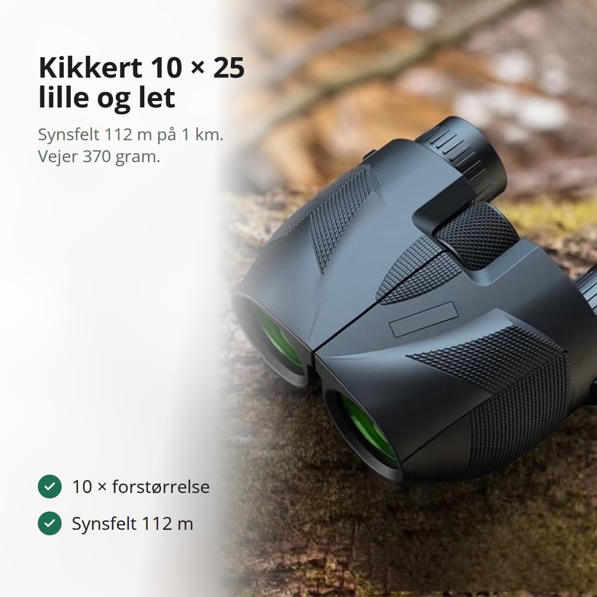 Kompakt sort kikkert 10 × 25 med grønbelagte objektivlinser, set forfra