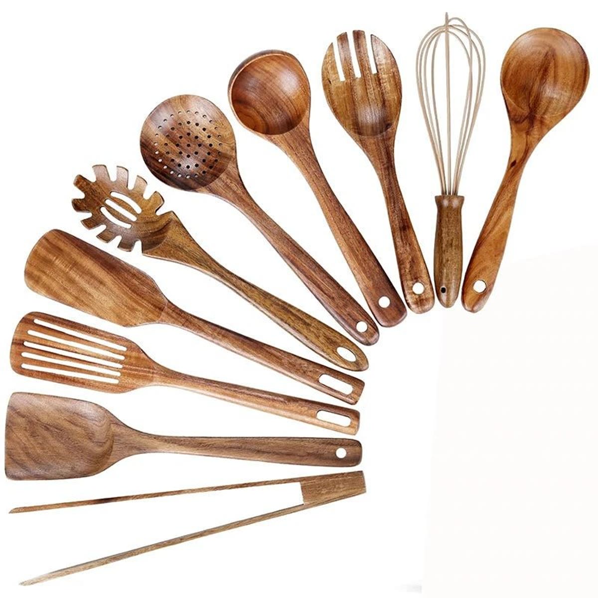 De ti redskaber i teak set ovenfra: piskeris, skeer, stegespartler, pastaske og klemme