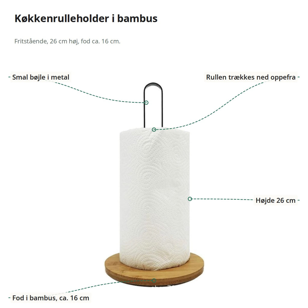 Køkkenrulleholder i bambus med smal metalbøjle, højde 26 cm og fod på ca. 16 cm markeret