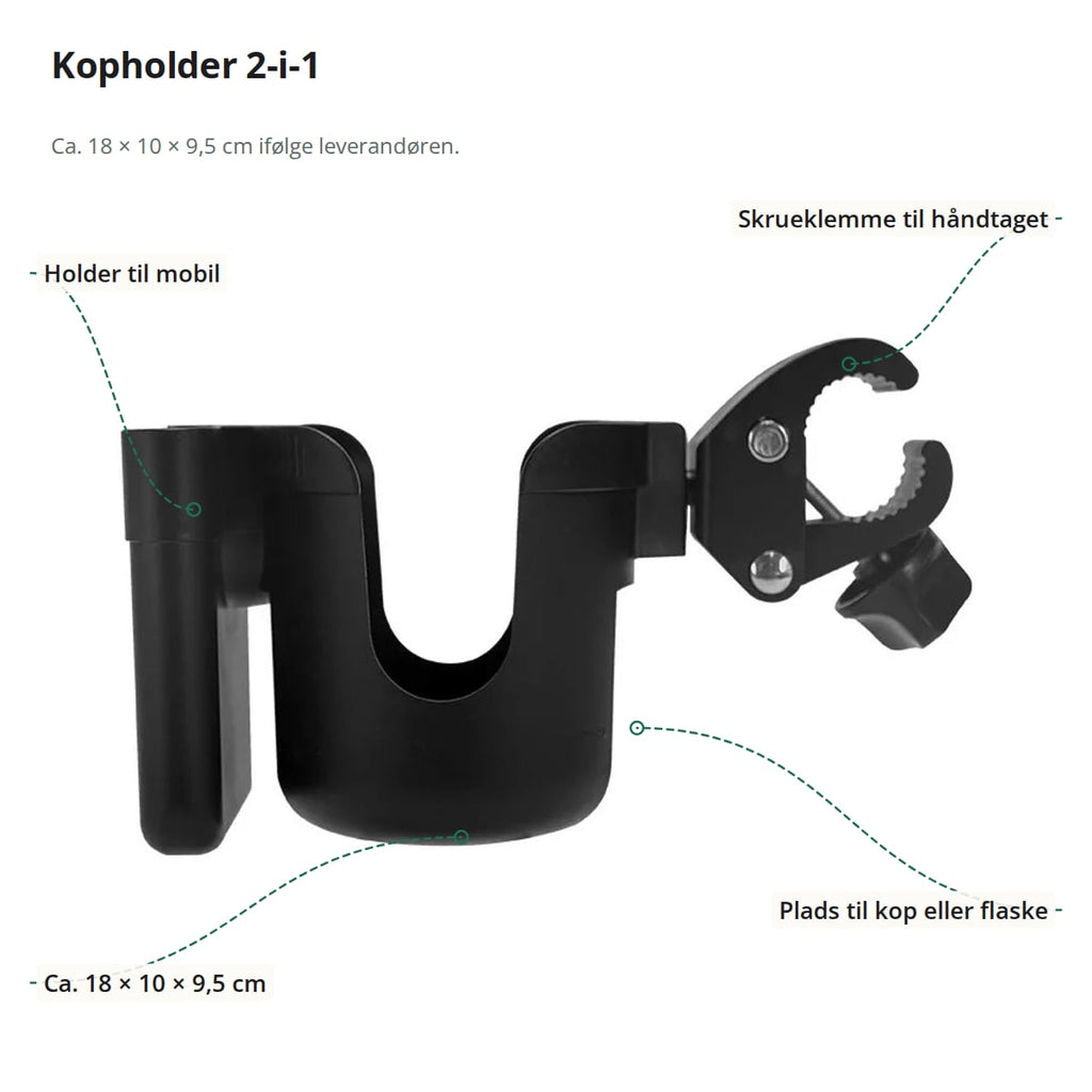 Kopholder til barnevogn med markeringer: holder til mobil, skrueklemme, plads til kop og mål