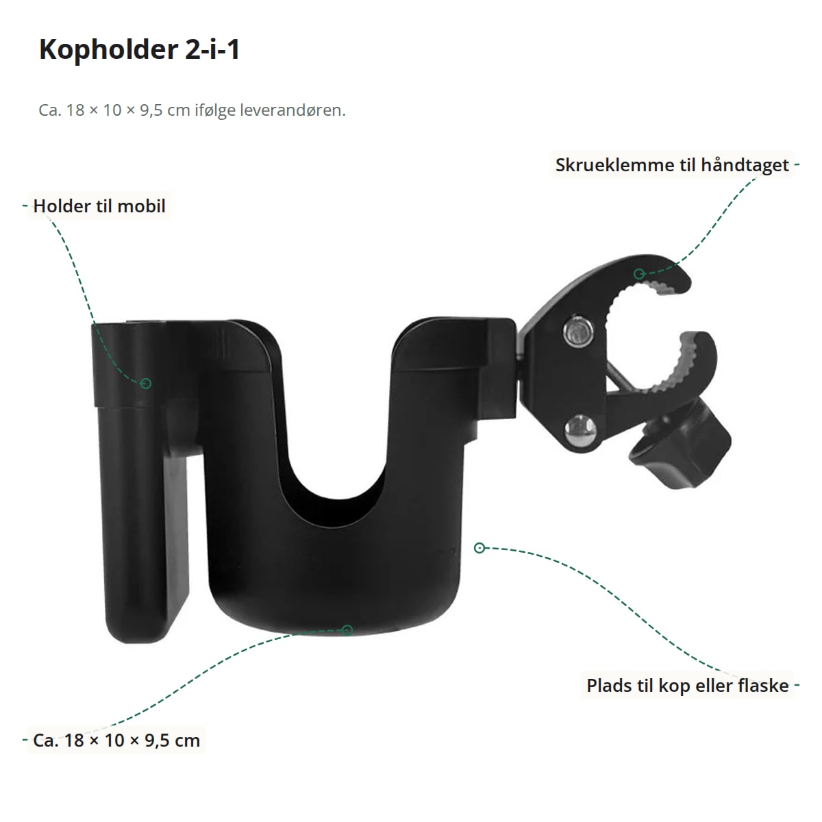 Kopholder til barnevogn med markeringer: holder til mobil, skrueklemme, plads til kop og mål