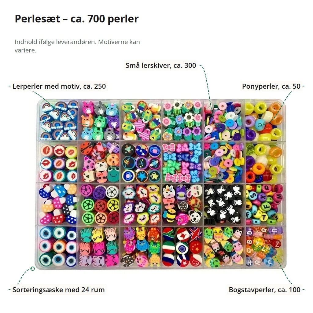 Perlesættet med markeringer: lerperler med motiv ca. 250, små lerskiver ca. 300, ponyperler ca. 50, bogstavperler ca. 100 og sorteringsæske med 24 rum
