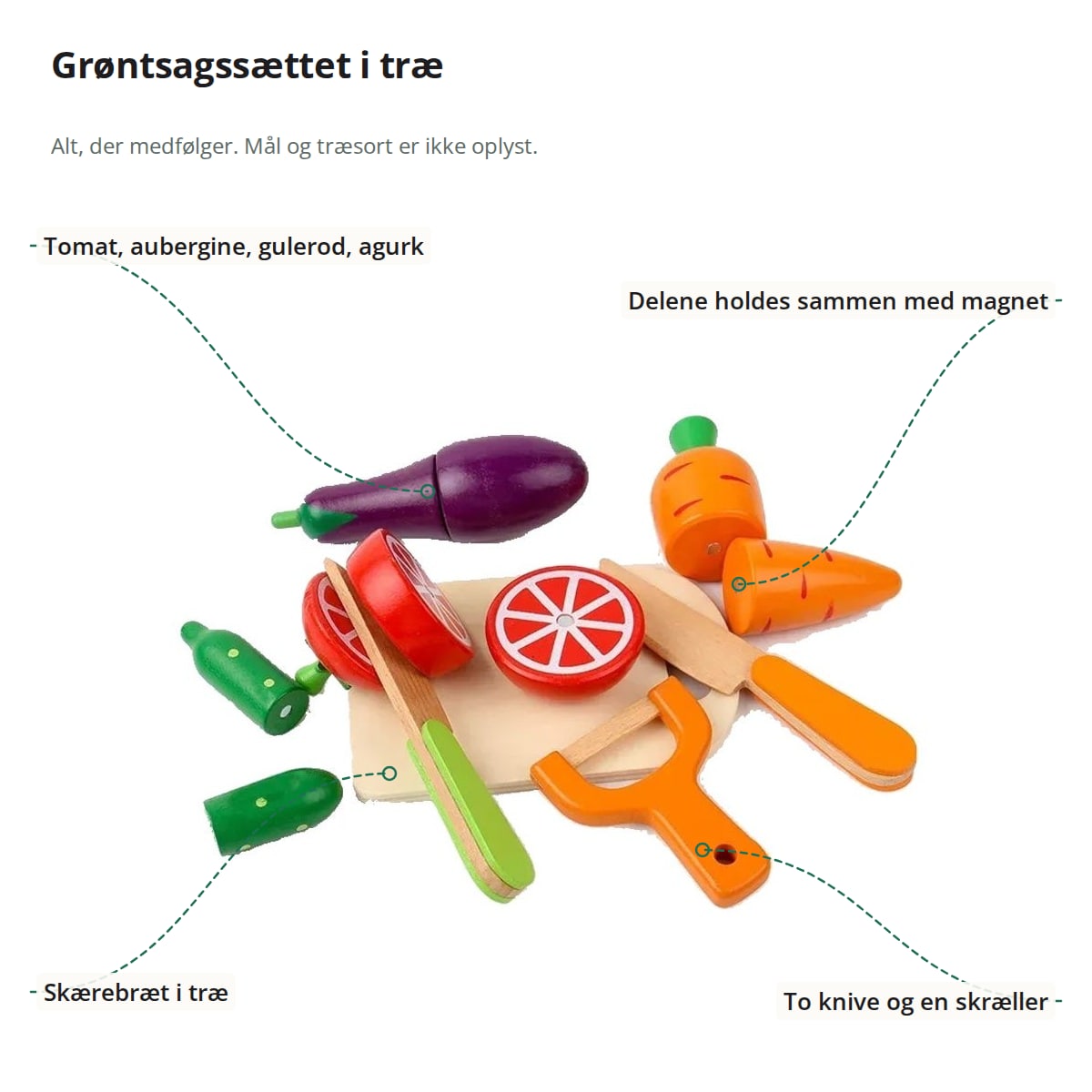Legemaden med markeringer: tomat, aubergine, gulerod og agurk, magnet mellem delene, skærebræt i træ, to knive og skræller