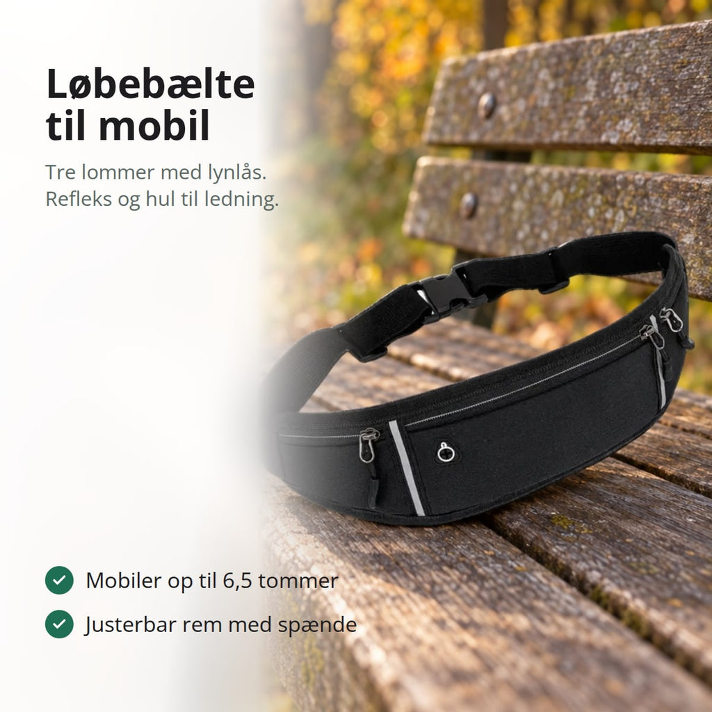 Sort løbebælte til mobil med tre lynlåslommer og refleksstribe på en bænk i parken