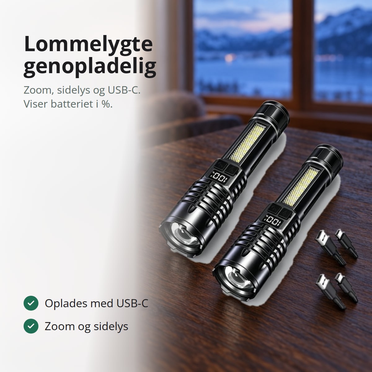 Genopladelig lommelygte med zoom og sidelys, med tekst: oplades med USB-C, zoom og sidelys
