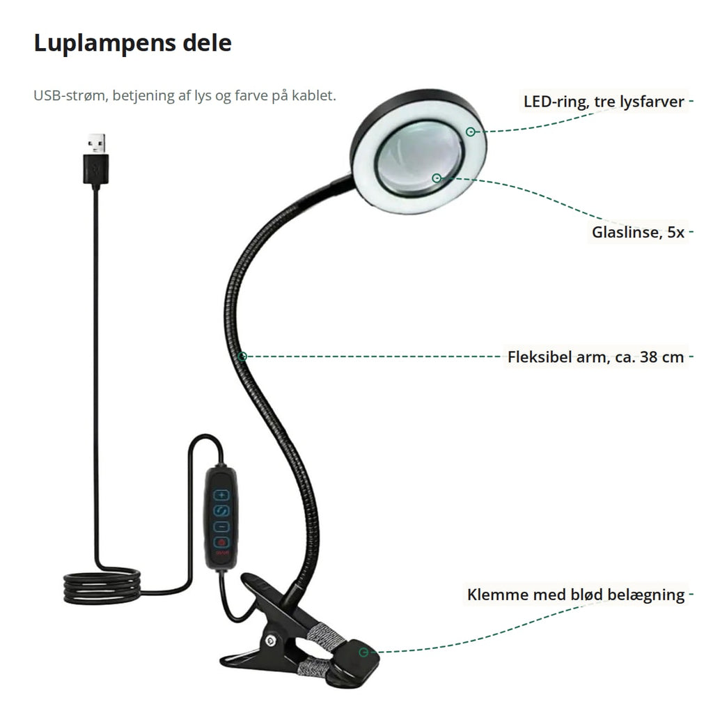 Luplampe med markeringer: LED-ringen med tre lysfarver, glaslinsen med 5x forstørrelse, den fleksible arm på ca. 38 cm og klemmen med blød belægning
