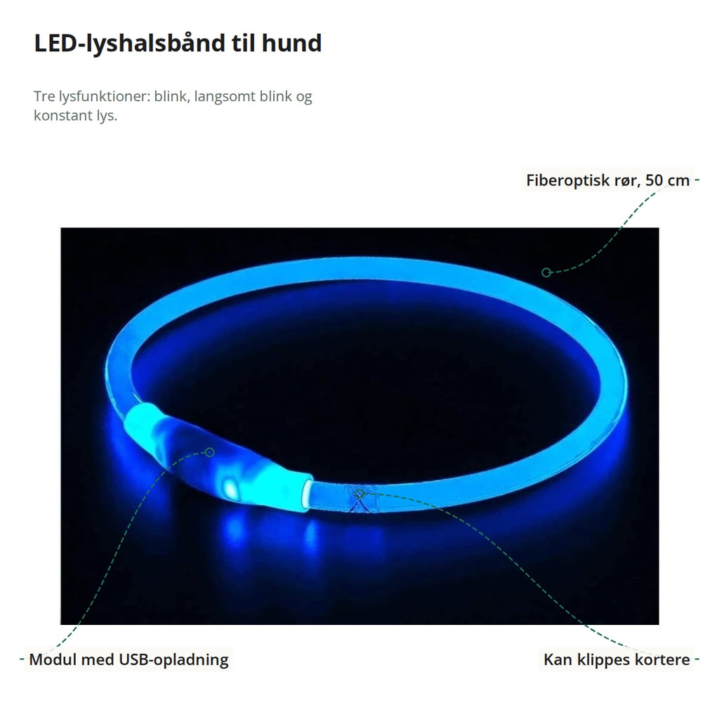 Blåt LED-lyshalsbånd med markeringer: fiberoptisk rør på 50 cm, modul med USB-opladning og mærket, hvor røret kan klippes