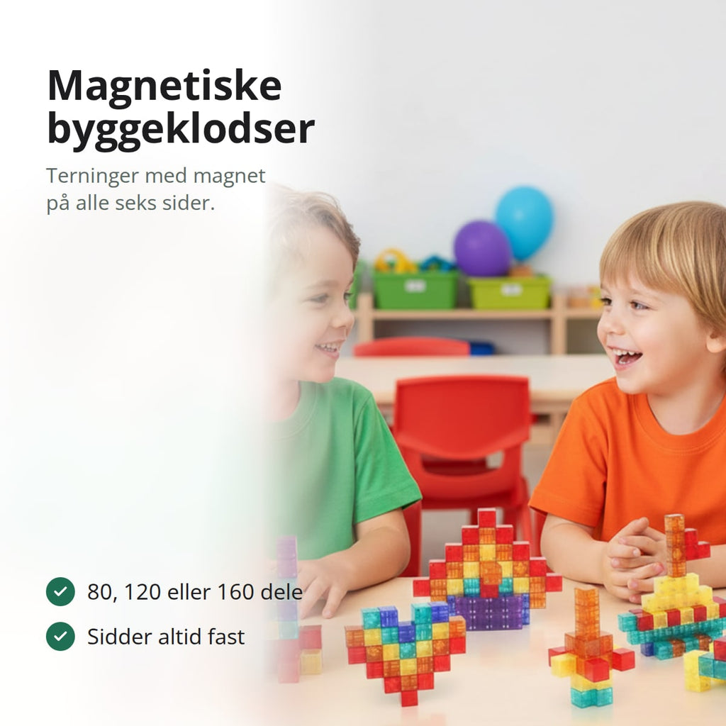 To børn bygger med gennemsigtige magnetiske byggeklodser, med tekst: 80, 120 eller 160 dele, sidder altid fast