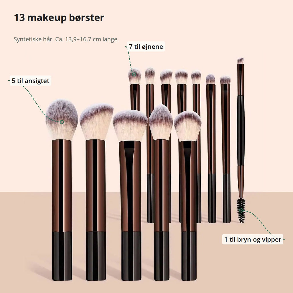 13 makeup børster markeret med fem børster til ansigtet, syv til øjnene og én til bryn og vipper