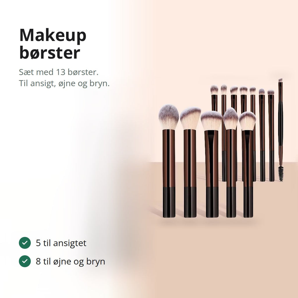 Sæt med 13 makeup børster med syntetiske hår, med tekst: 5 til ansigtet, 8 til øjne og bryn
