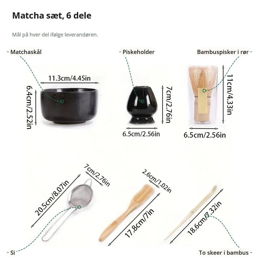 De seks dele i matcha sættet med betegnelser: matchaskål, piskeholder, bambuspisker i rør, si og to bambusskeer