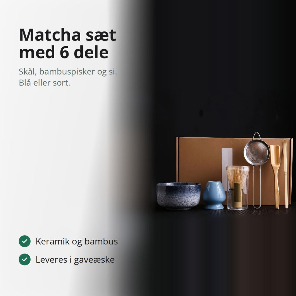 Matcha sæt med skål, bambuspisker og si, med tekst: keramik og bambus, leveres i gaveæske
