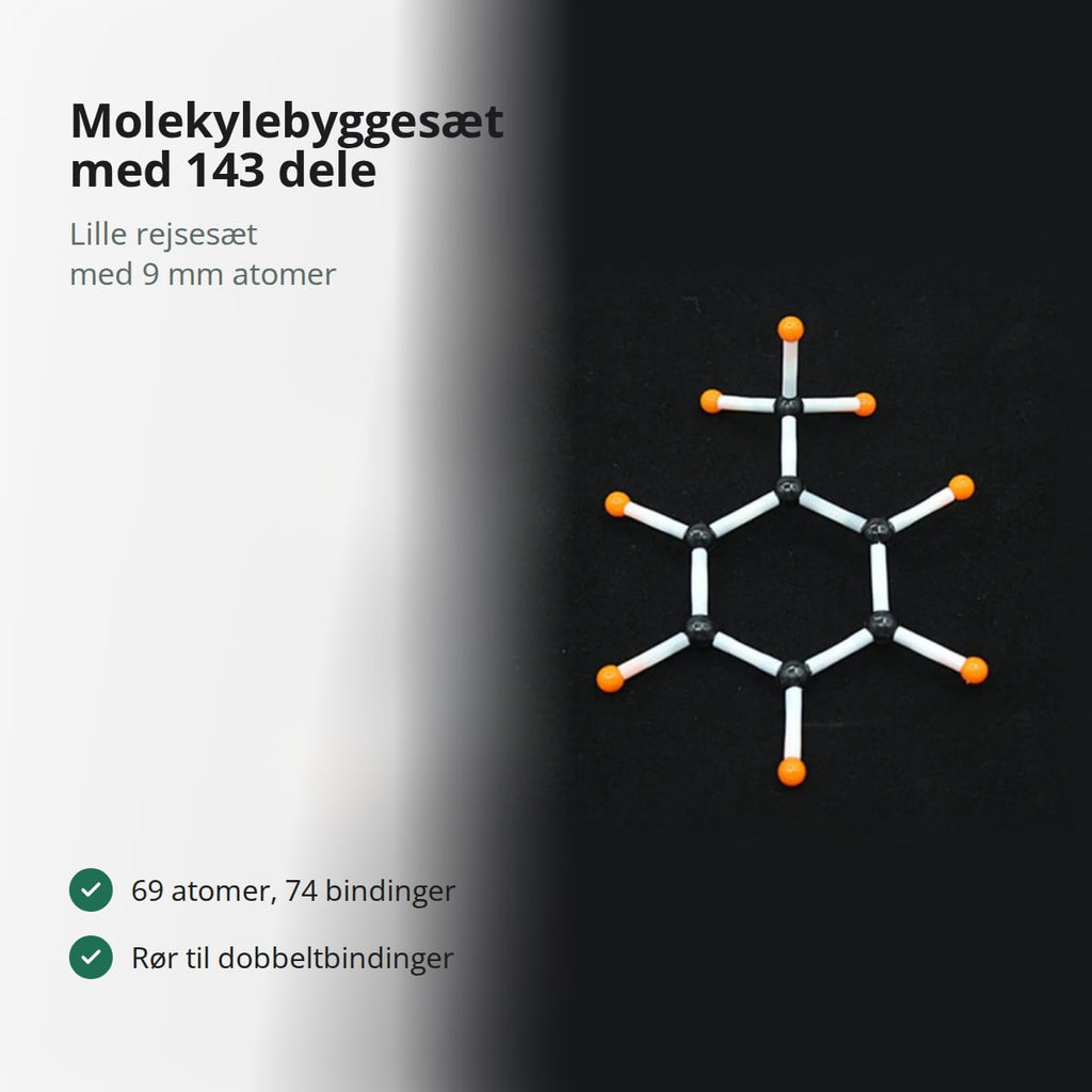 Molekylemodel bygget med molekylebyggesættet: seksring af sorte carbonatomer med orange hydrogenatomer og hvide bindinger på sort baggrund, med teksten: molekylebyggesæt med 143 dele, lille rejsesæt med 9 mm atomer; 69 atomer og 74 bindinger, rør til dobbeltbindinger