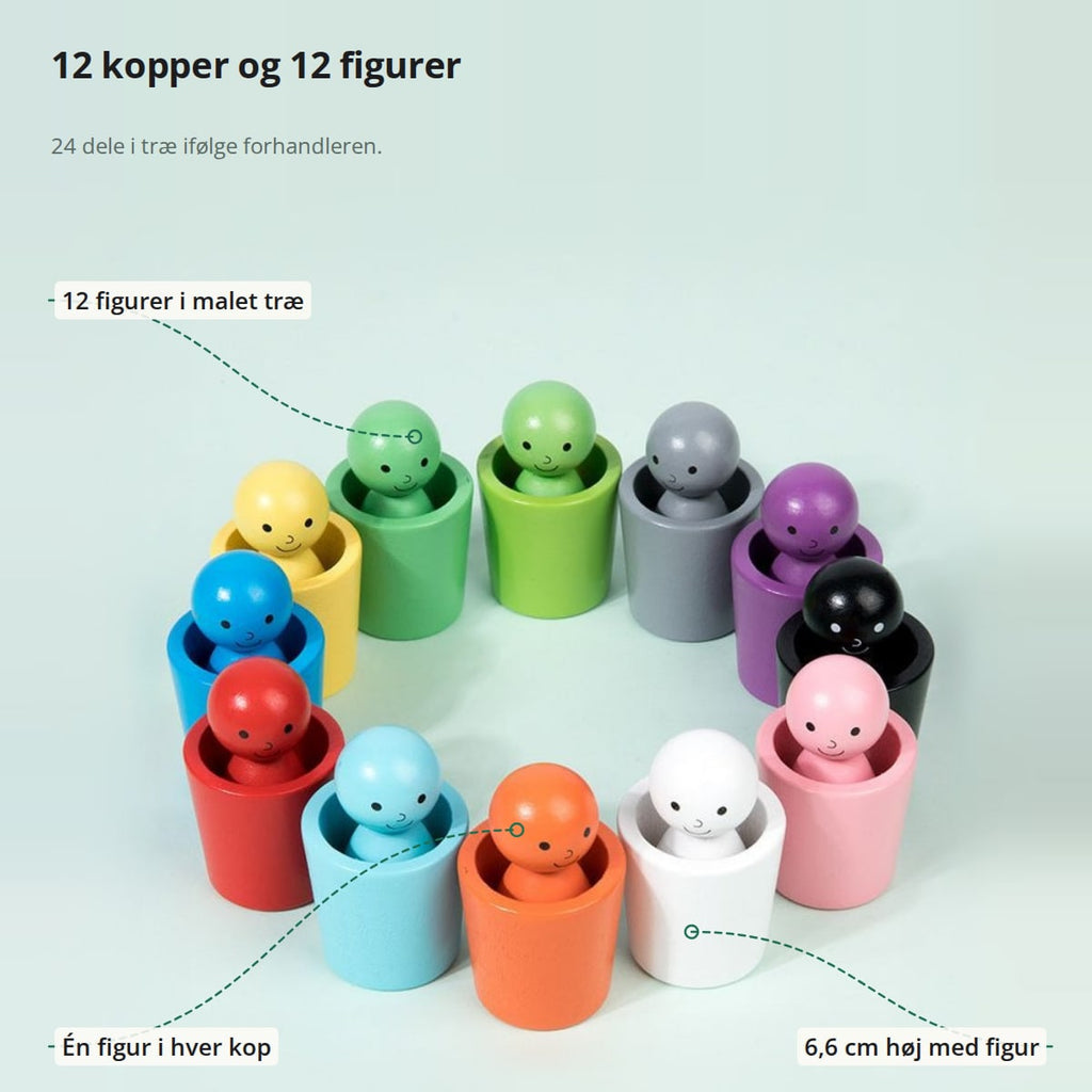 Tolv kopper i en ring med en figur i hver, med markeringer: figurer i malet træ, én figur i hver kop og 6,6 cm højde med figur