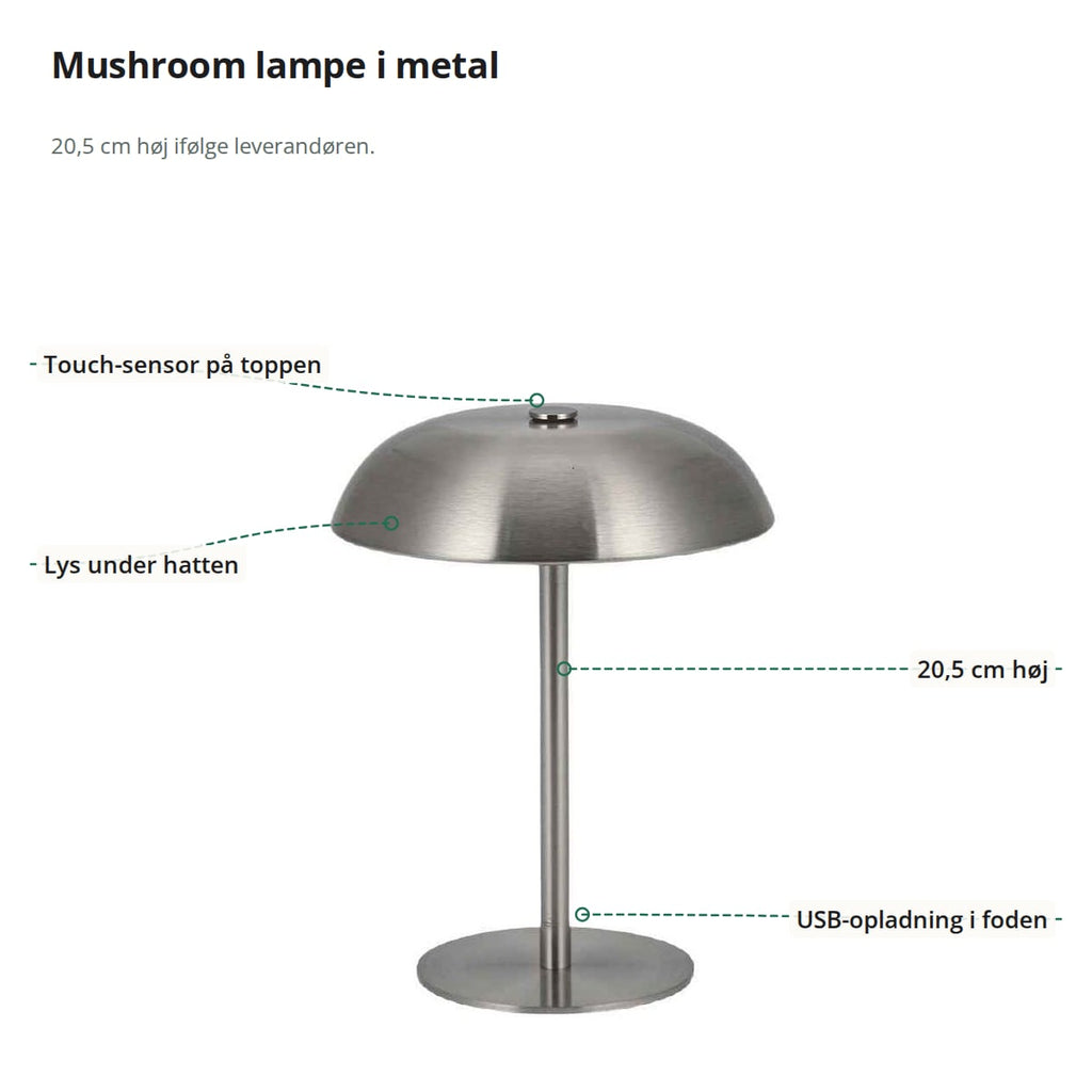 Lampen med markeringer: touch-sensor på toppen, lys under hatten, 20,5 cm høj og USB-opladning i foden