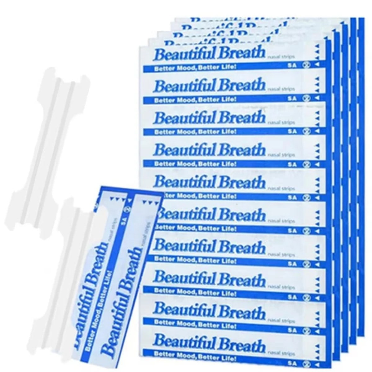 Stak med pakkede næsestrips og to løse transparente strips