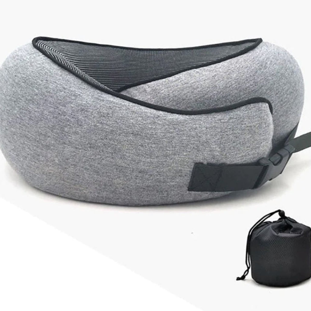 Grå rejsepude i memory foam med velcrorem og pose