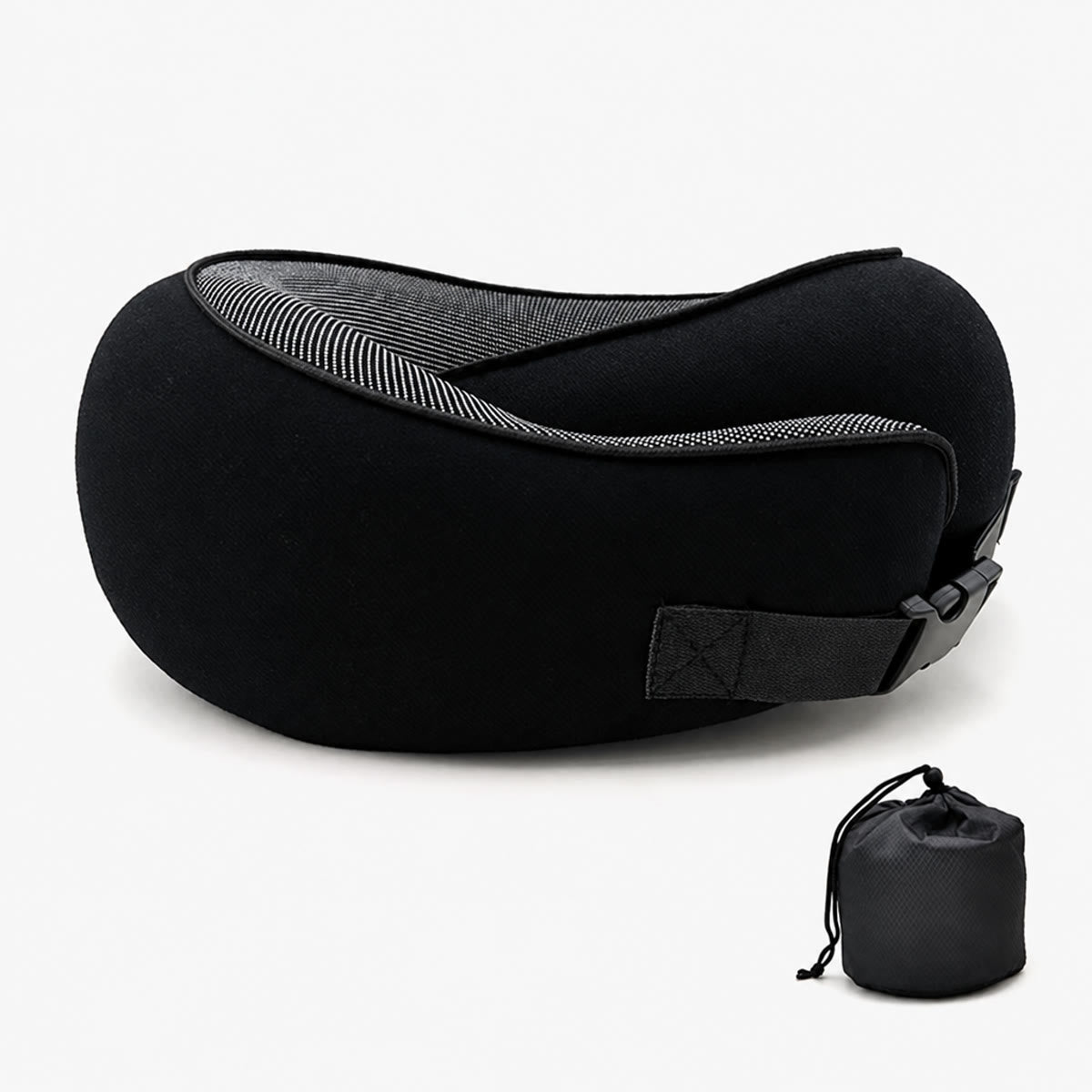 Sort rejsepude i memory foam med velcrorem og pose
