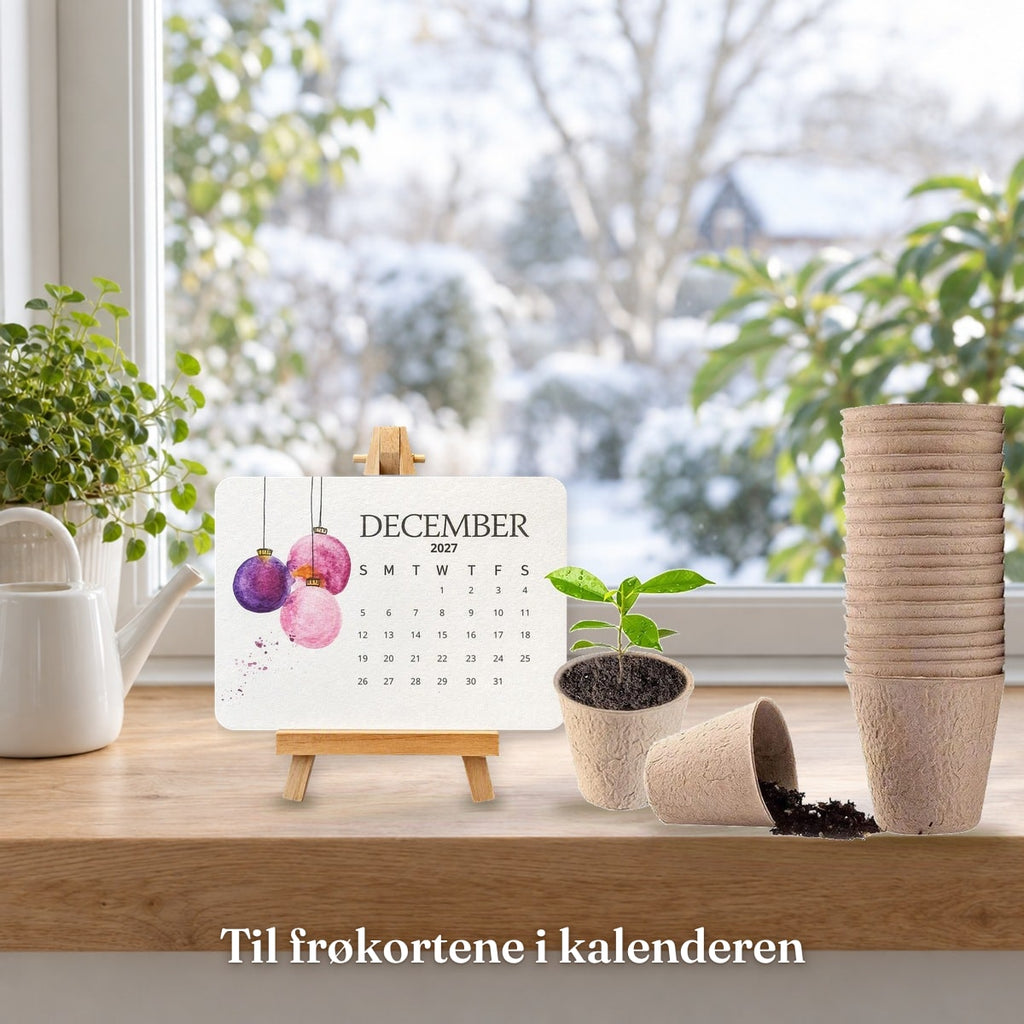 Frøkalenderen i stativ ved siden af plantepotterne i vindueskarmen