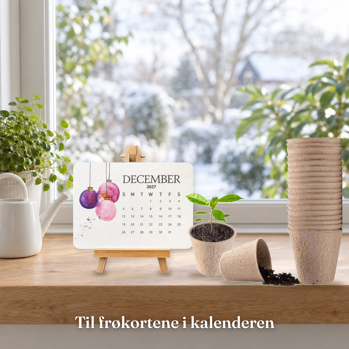 Frøkalenderen i stativ ved siden af plantepotterne i vindueskarmen