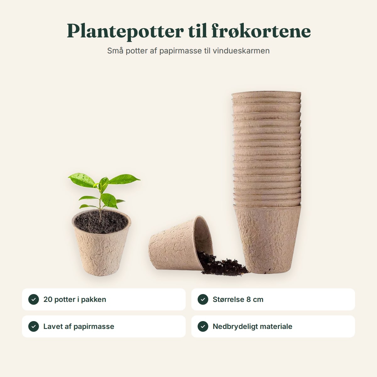 20 plantepotter af papirmasse, størrelse 8 cm