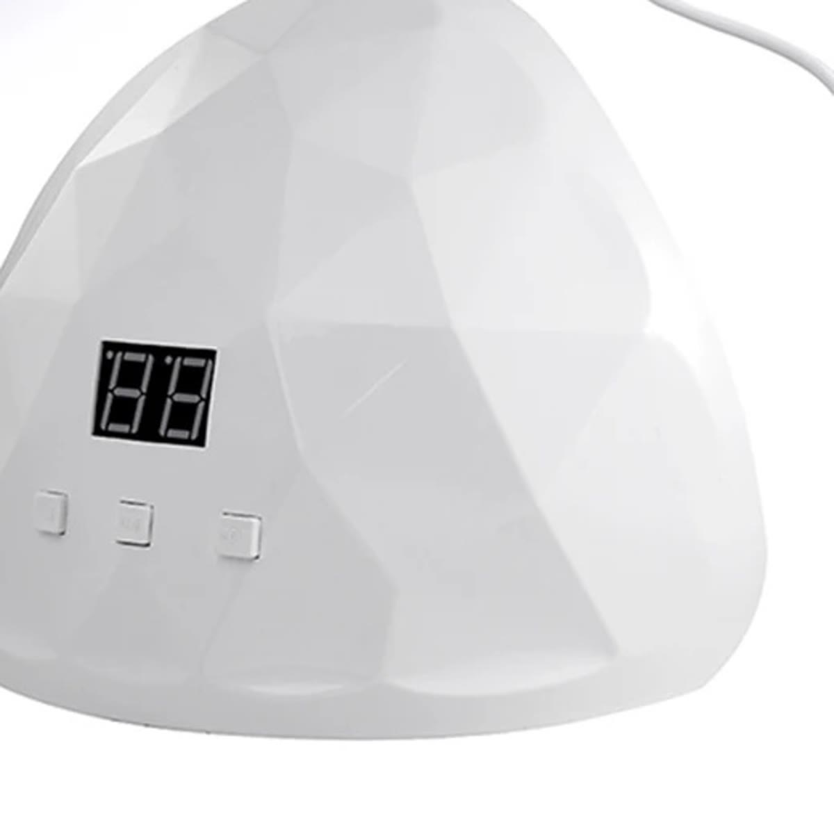 Hvid UV-lampe til negle med facetteret overflade, display og tre knapper, set forfra