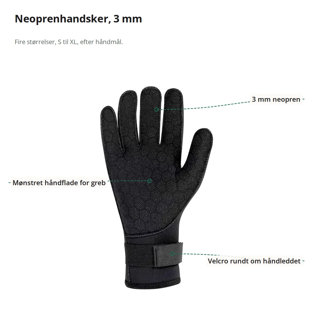 Neoprenhandsken med markeringer: 3 mm neopren, mønstret håndflade for greb og velcro rundt om håndleddet