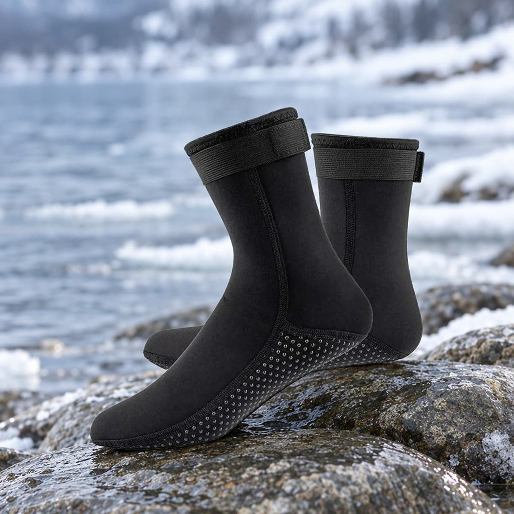 Sorte neoprensokker på våde sten i strandkanten ved en islagt sø om vinteren