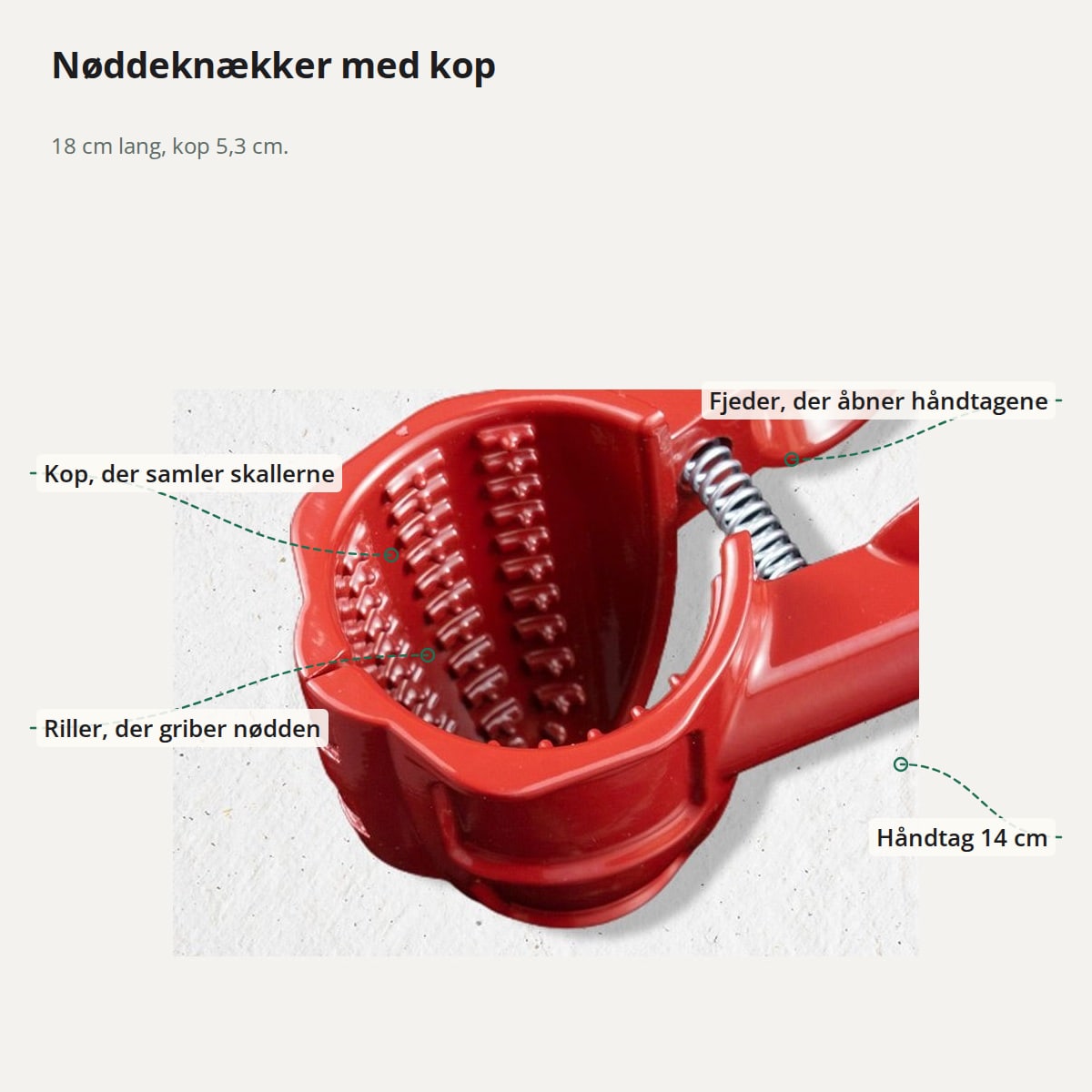 Nøddeknækker med kop, riller, fjeder og håndtag på 14 cm