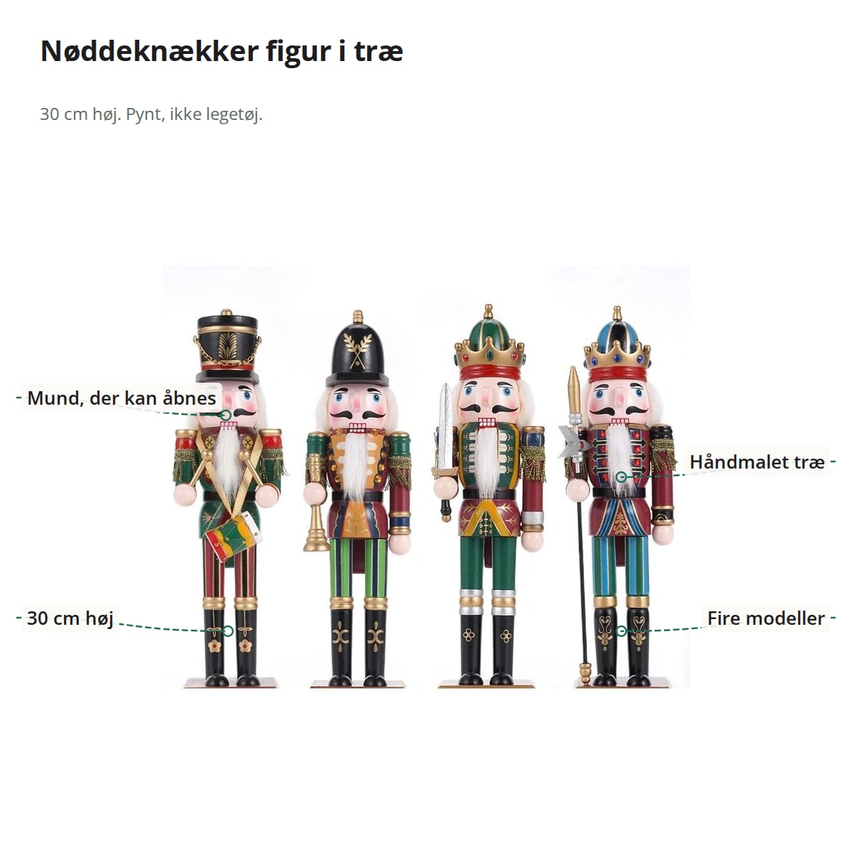 Nøddeknækker figur i træ med mund, der kan åbnes, 30 cm høj