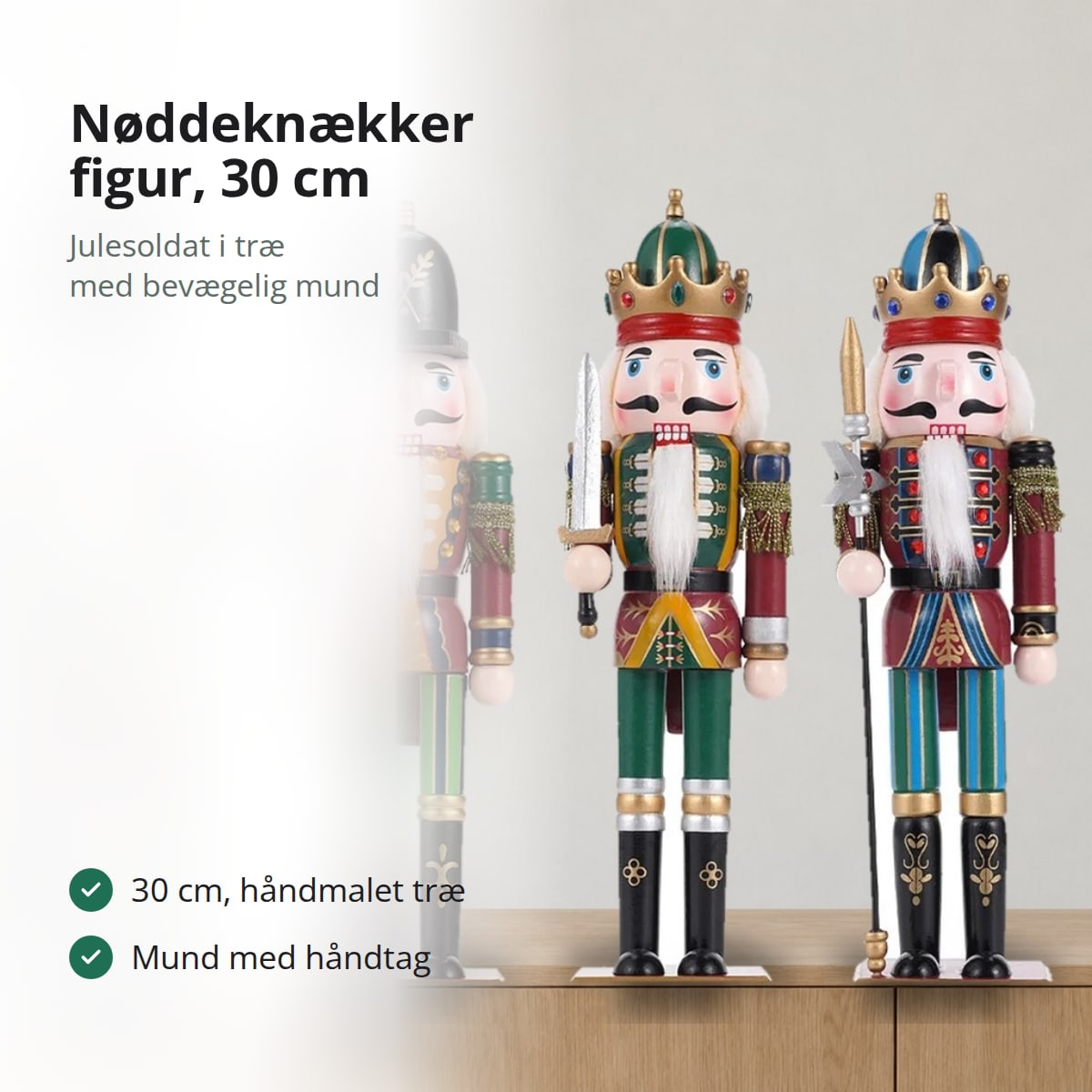 Nøddeknækker figur i håndmalet træ, 30 cm