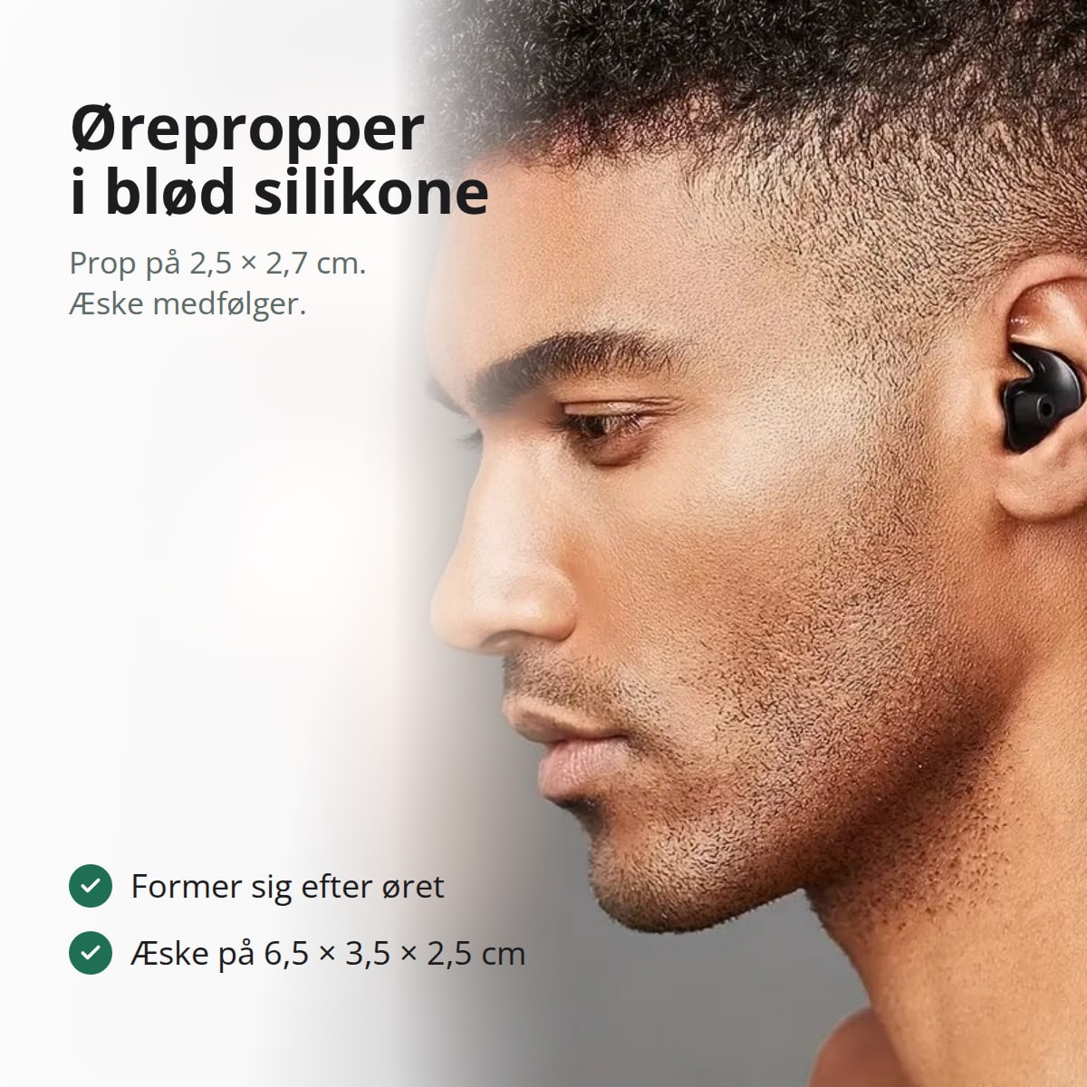 Ørepropper i blød silikone med opbevaringsæske, med tekst: prop på 2,5 × 2,7 cm, æske medfølger