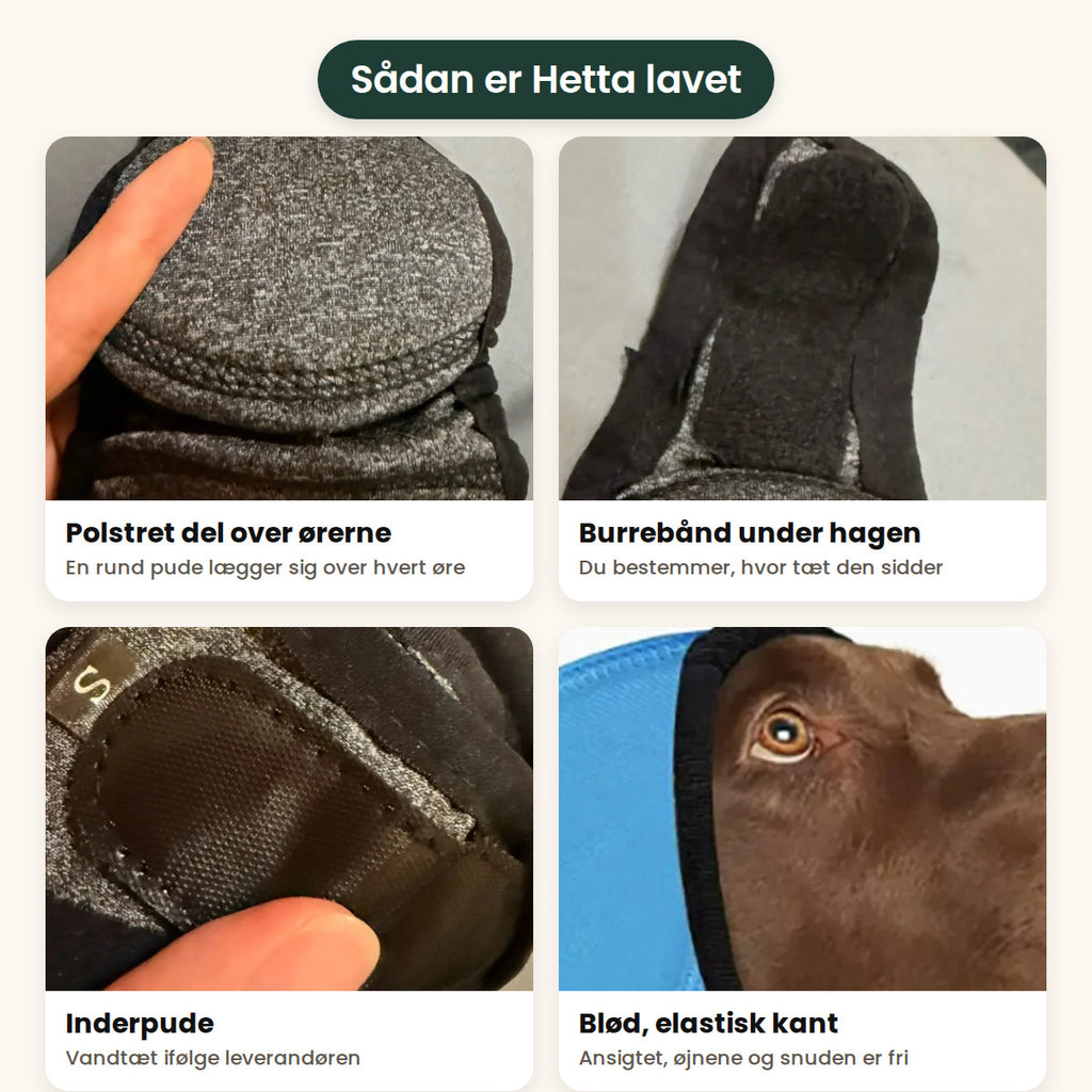 Detaljer på Hetta: polstret pude over ørerne, burrebånd under hagen, inderpude og blød, elastisk kant rundt om ansigtet