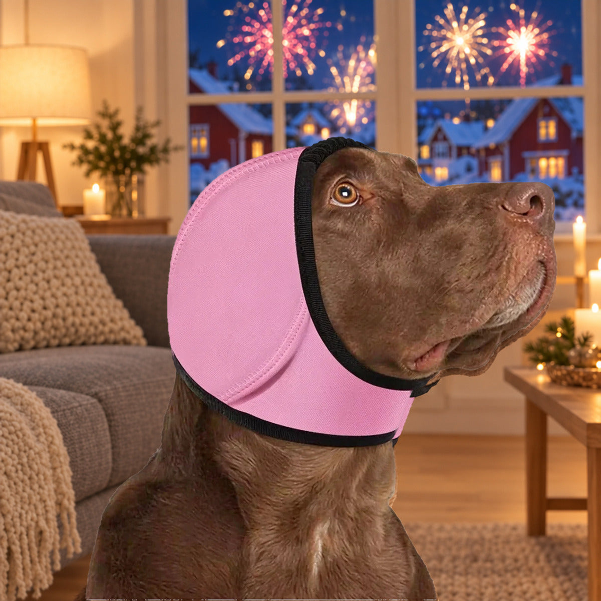 Brun labrador med rosa Hetta-ørehætte i stuen nytårsaften