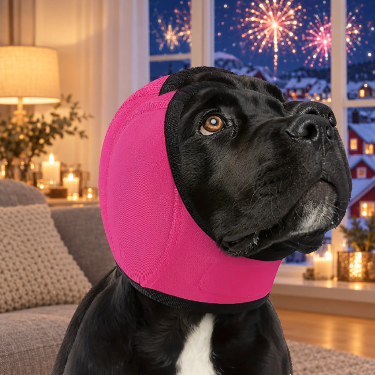 Sort hund med cerise Hetta-ørehætte i stuen nytårsaften
