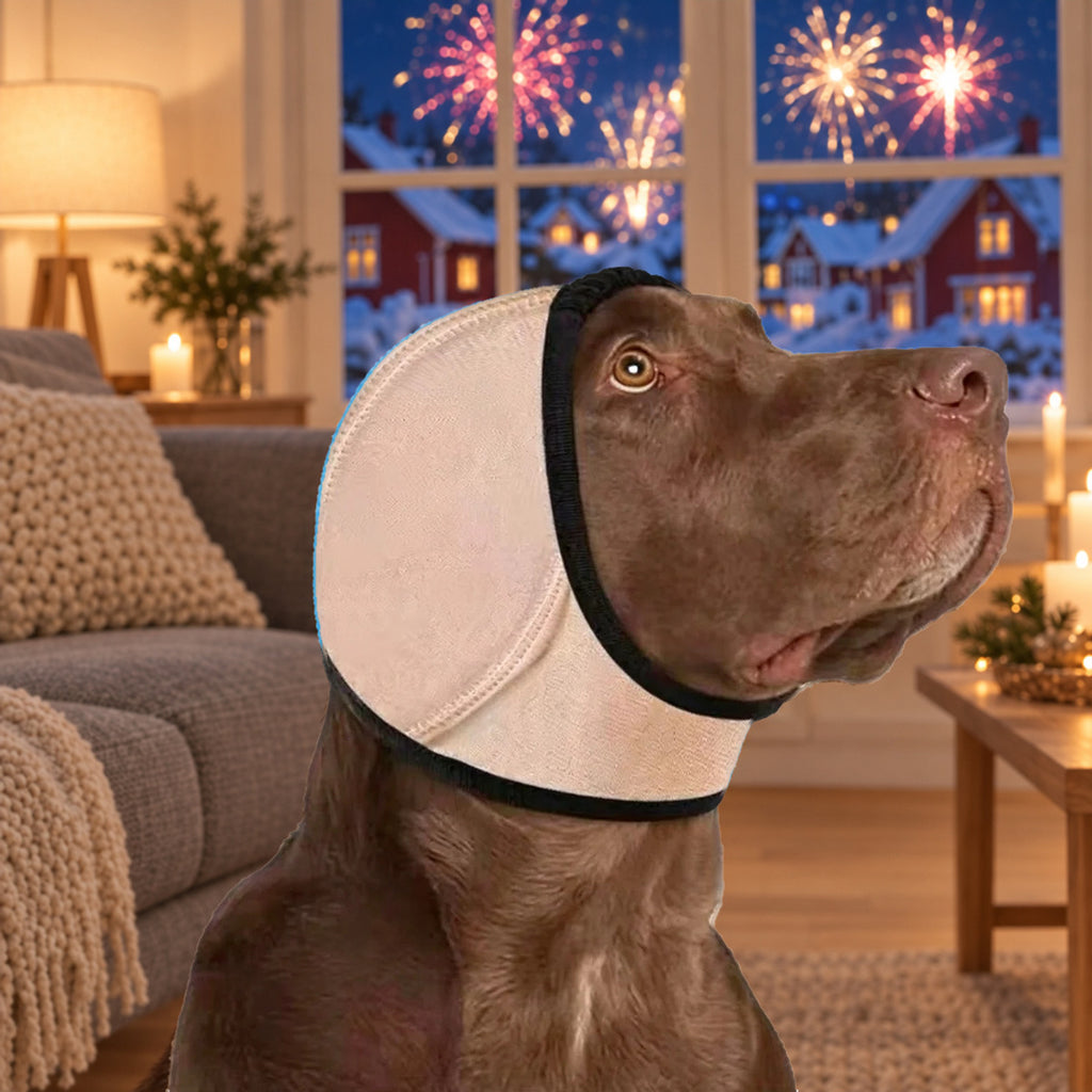 Brun labrador med beige Hetta-ørehætte i stuen nytårsaften