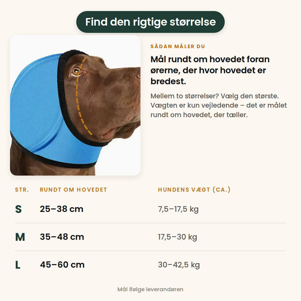 Størrelsesguide til Hetta: S 25–38 cm, M 35–48 cm og L 45–60 cm rundt om hovedet