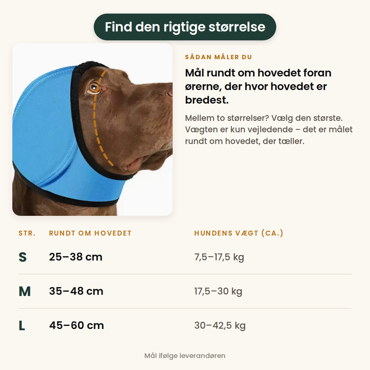 Størrelsesguide til Hetta: mål rundt om hovedet foran ørerne – S 25–38 cm, M 35–48 cm og L 45–60 cm