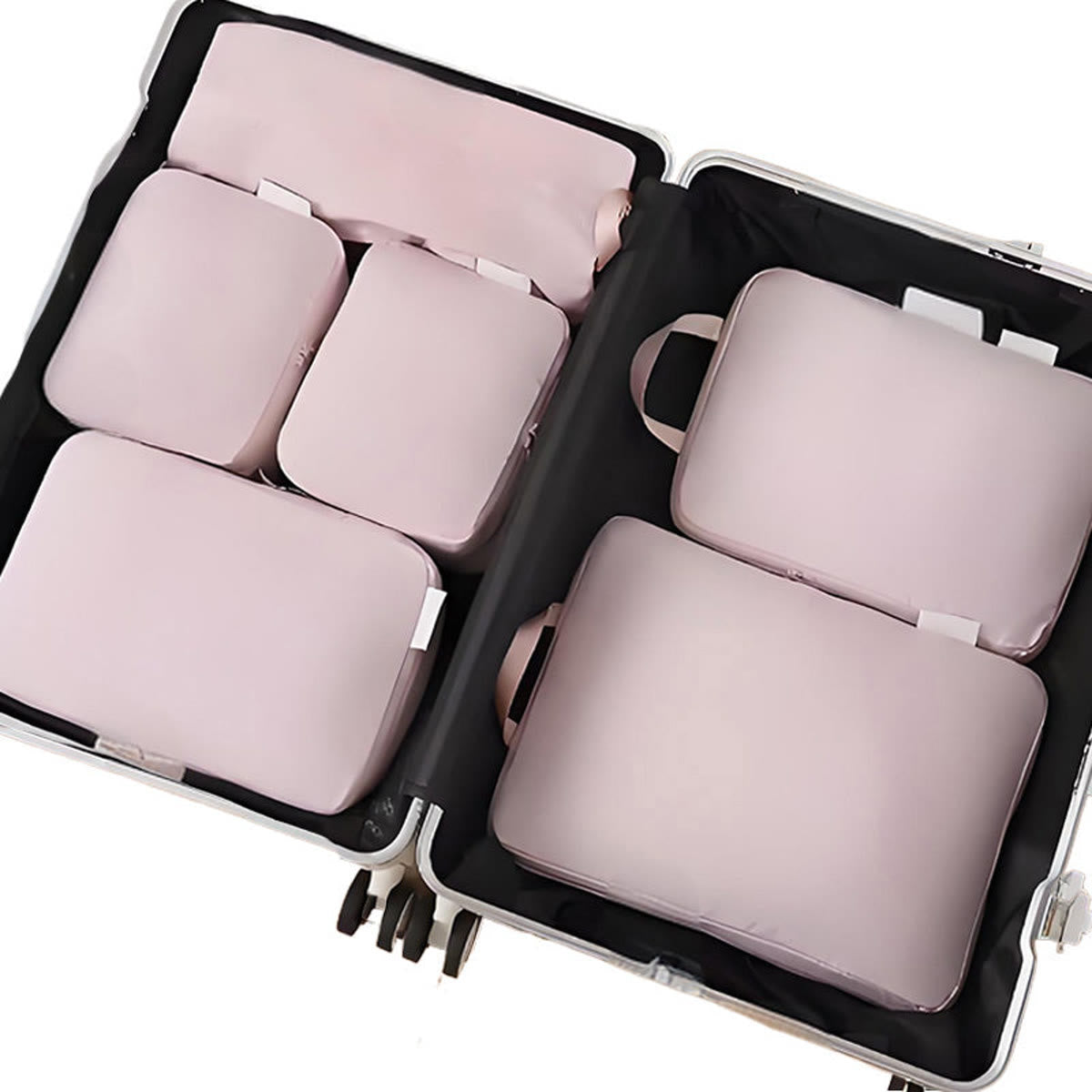 Packing cubes i lyserød: seks pakkeposer lagt fladt i en åben kuffert, set ovenfra