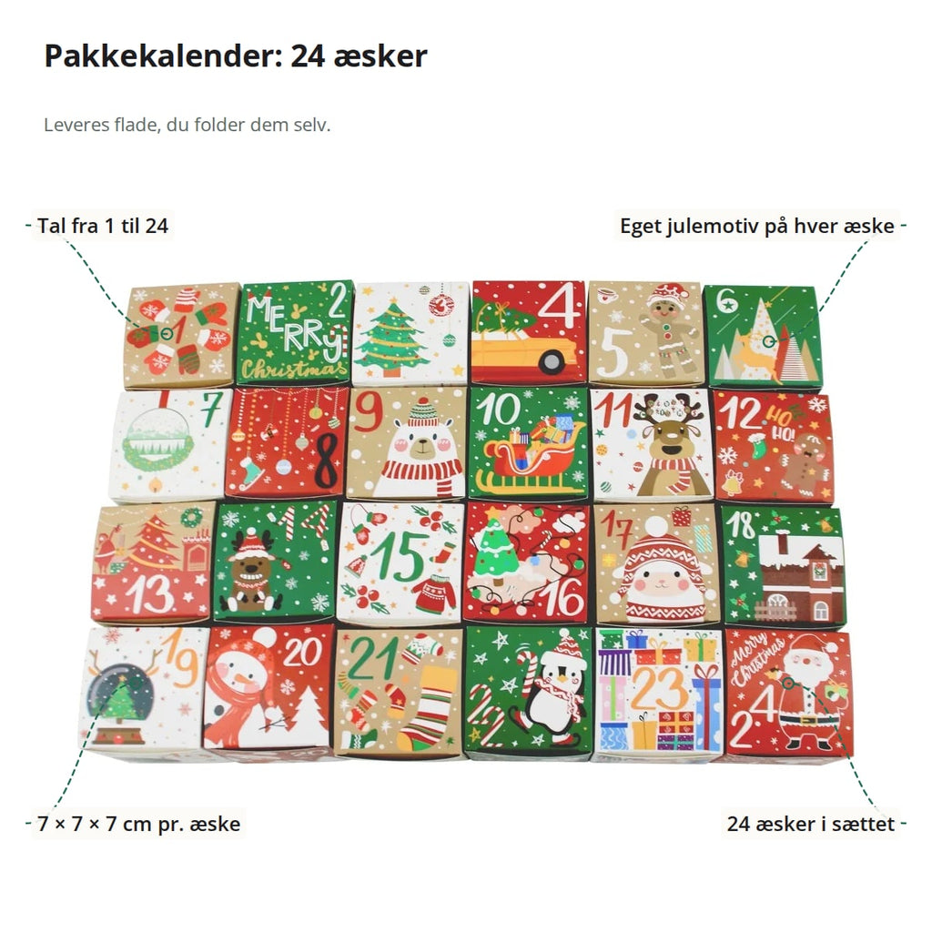 De 24 æsker i pakkekalenderen med tal og julemotiver