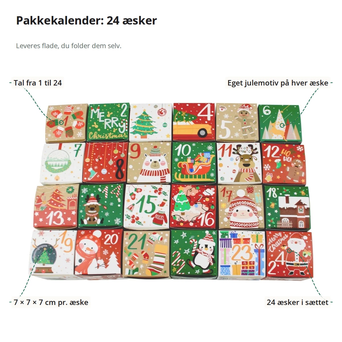De 24 æsker i pakkekalenderen med tal og julemotiver