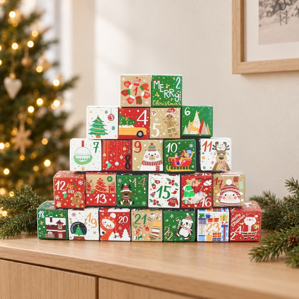 Pakkekalender med 24 æsker stablet som en pyramide foran et juletræ